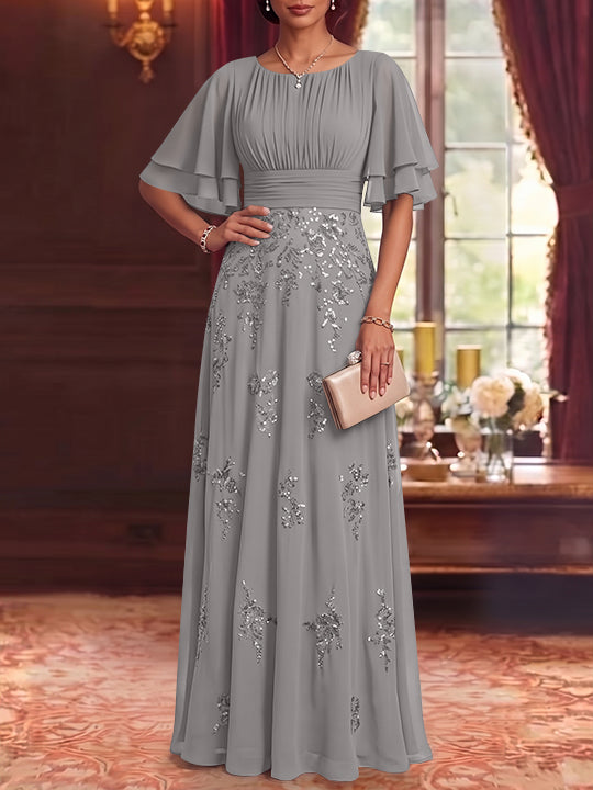 A-Line/Princess Scoop Chiffon Mother of the Bride Dresses Sequins Floor-Length Half Sleeves