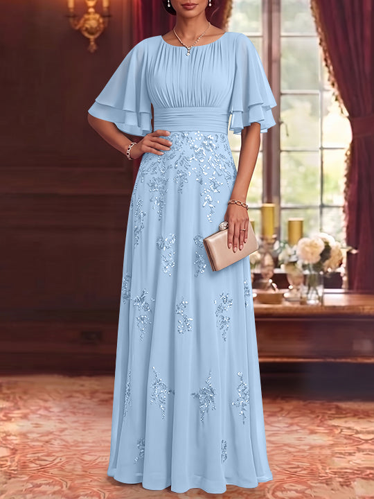 A-Line/Princess Scoop Chiffon Mother of the Bride Dresses Sequins Floor-Length Half Sleeves