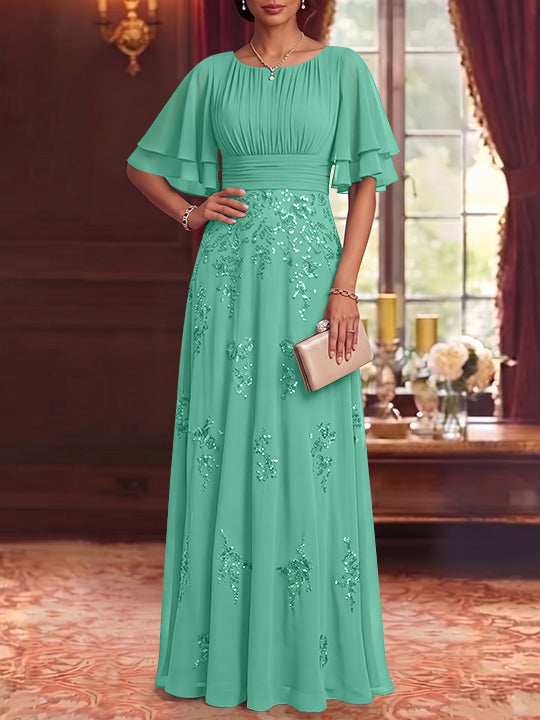 A-Line/Princess Scoop Chiffon Mother of the Bride Dresses Sequins Floor-Length Half Sleeves