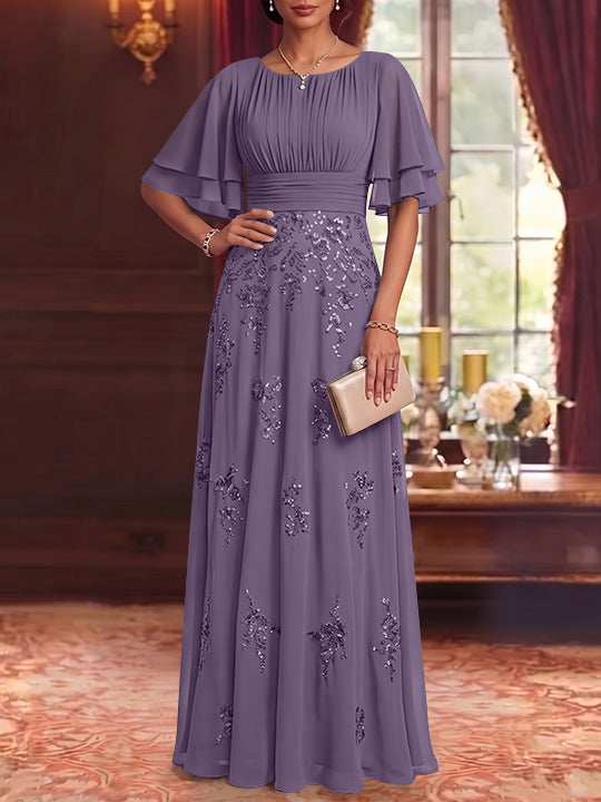 A-Line/Princess Scoop Chiffon Mother of the Bride Dresses Sequins Floor-Length Half Sleeves