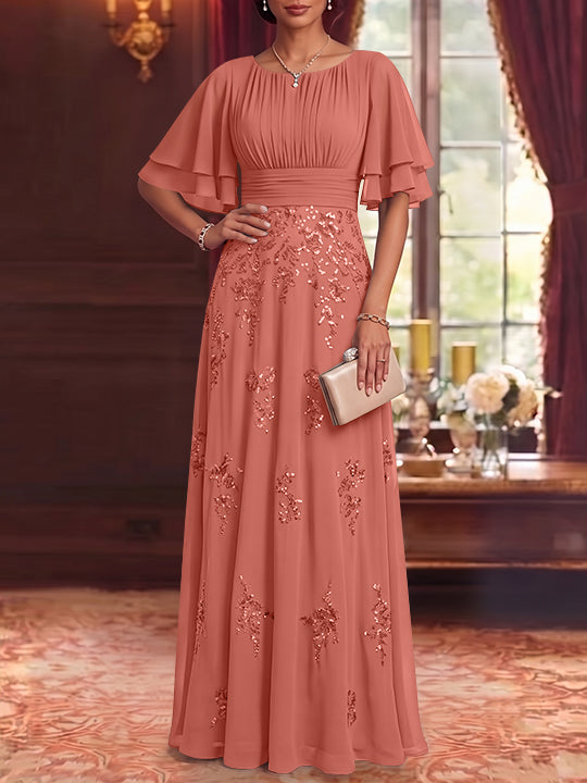 A-Line/Princess Scoop Chiffon Mother of the Bride Dresses Sequins Floor-Length Half Sleeves
