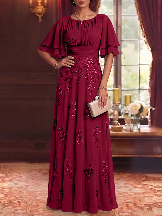 A-Line/Princess Scoop Chiffon Mother of the Bride Dresses Sequins Floor-Length Half Sleeves