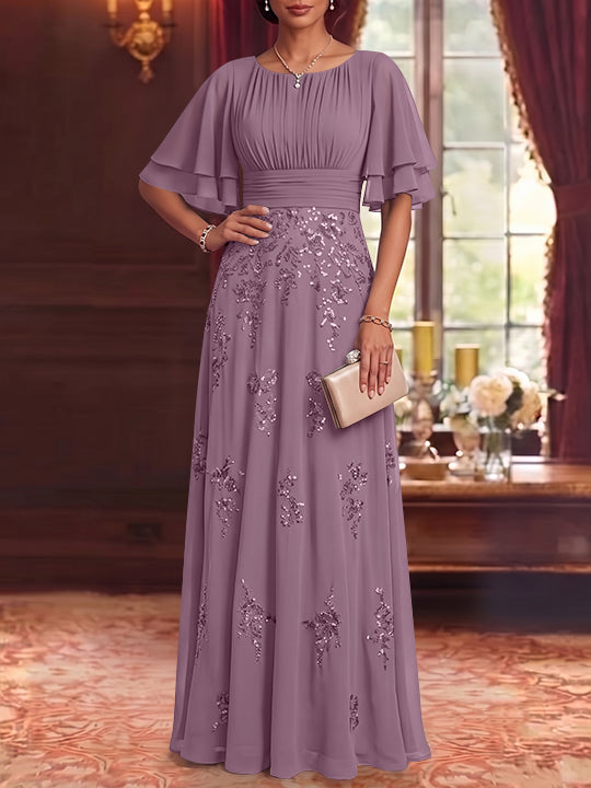 A-Line/Princess Scoop Chiffon Mother of the Bride Dresses Sequins Floor-Length Half Sleeves