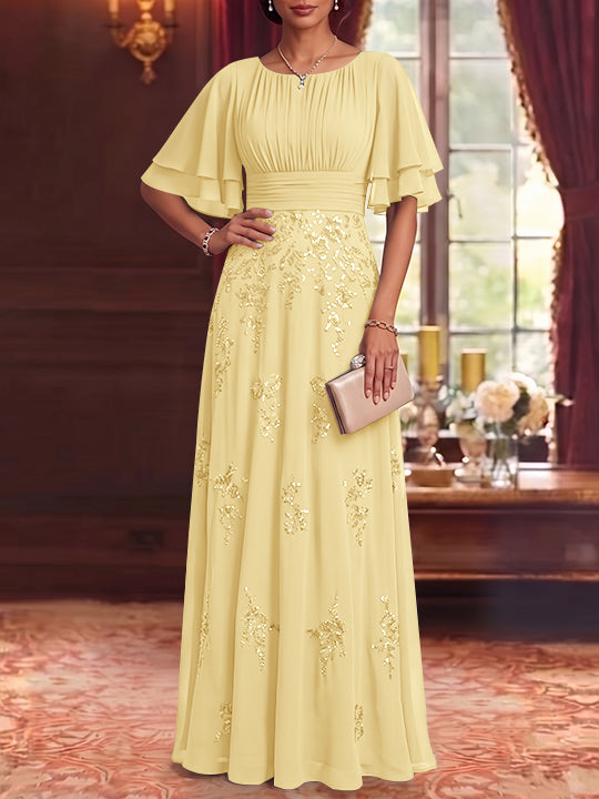 A-Line/Princess Scoop Chiffon Mother of the Bride Dresses Sequins Floor-Length Half Sleeves