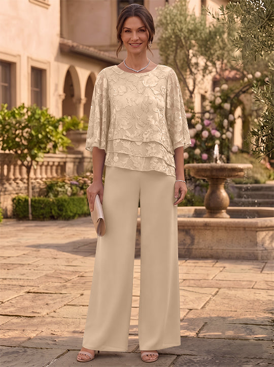 2 Pieces Suit Scoop Chiffon Mother of the Bride Pantsuits Ankle-Length  3/4 Sleeves Floral Ruffles