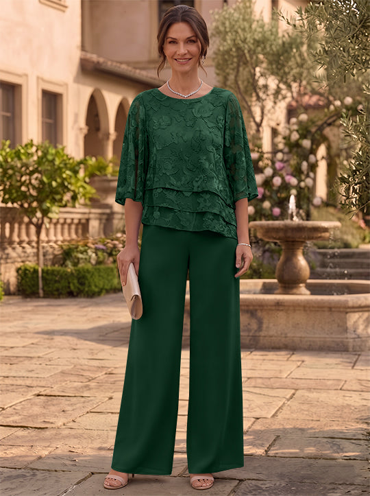 2 Pieces Suit Scoop Chiffon Mother of the Bride Pantsuits Ankle-Length  3/4 Sleeves Floral Ruffles