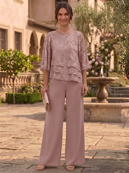 2 Pieces Suit Scoop Chiffon Mother of the Bride Pantsuits Ankle-Length  3/4 Sleeves Floral Ruffles