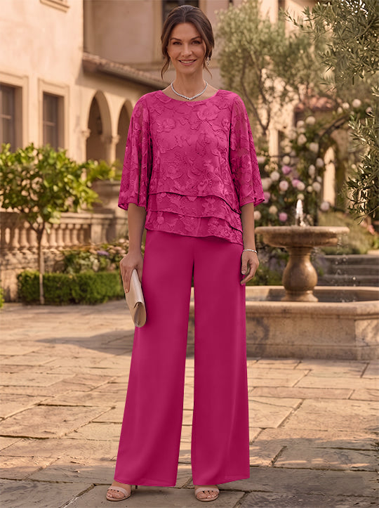 2 Pieces Suit Scoop Chiffon Mother of the Bride Pantsuits Ankle-Length  3/4 Sleeves Floral Ruffles