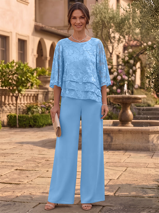 2 Pieces Suit Scoop Chiffon Mother of the Bride Pantsuits Ankle-Length  3/4 Sleeves Floral Ruffles