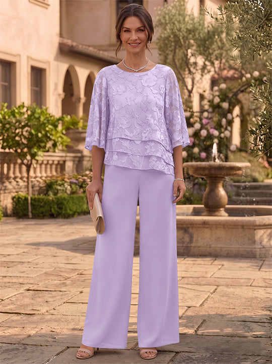 2 Pieces Suit Scoop Chiffon Mother of the Bride Pantsuits Ankle-Length  3/4 Sleeves Floral Ruffles