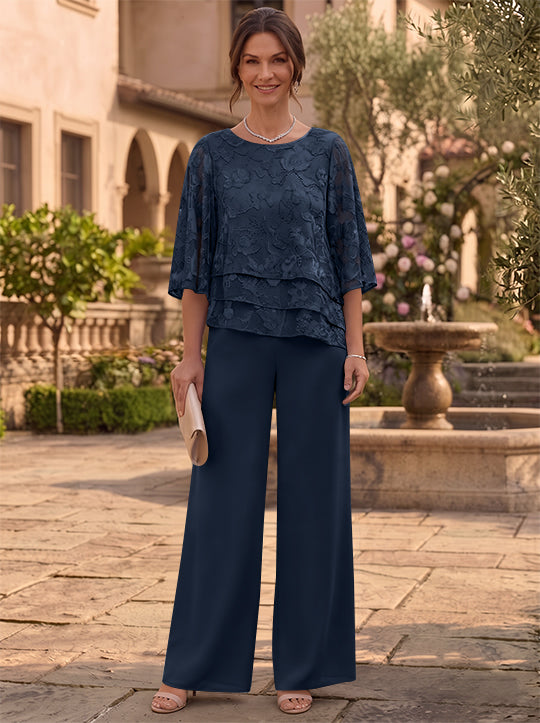 2 Pieces Suit Scoop Chiffon Mother of the Bride Pantsuits Ankle-Length  3/4 Sleeves Floral Ruffles