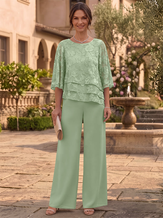 2 Pieces Suit Scoop Chiffon Mother of the Bride Pantsuits Ankle-Length  3/4 Sleeves Floral Ruffles