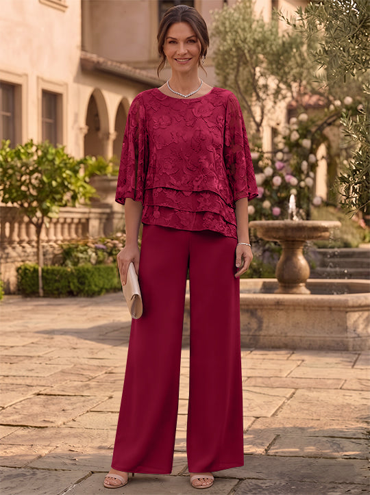 2 Pieces Suit Scoop Chiffon Mother of the Bride Pantsuits Ankle-Length  3/4 Sleeves Floral Ruffles