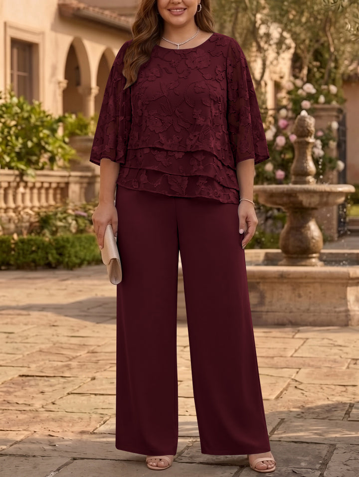2 Pieces Suit Scoop Chiffon Plus Size Mother of the Bride Pantsuits Ankle-Length 3/4 Sleeves Floral Ruffles