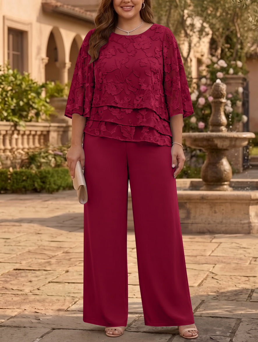 2 Pieces Suit Scoop Chiffon Plus Size Mother of the Bride Pantsuits Ankle-Length 3/4 Sleeves Floral Ruffles