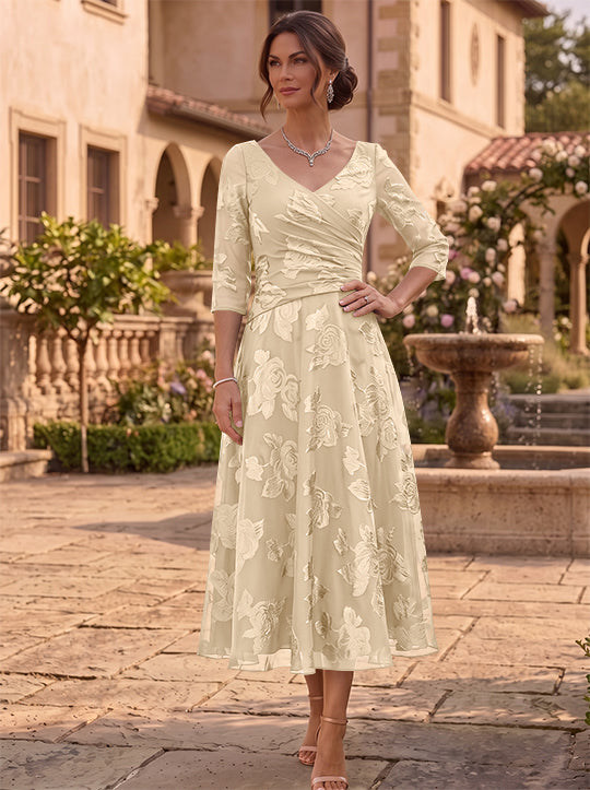 A-Line/Princess V-Neck Mother of the Bride Dresses Floral Burnout Tea-Length Ruched 3/4 Sleeves