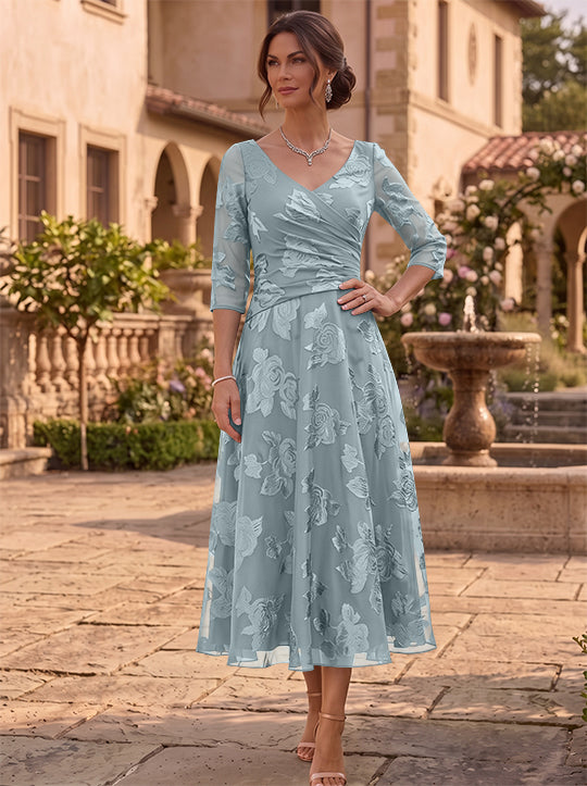 A-Line/Princess V-Neck Mother of the Bride Dresses Floral Burnout Tea-Length Ruched 3/4 Sleeves
