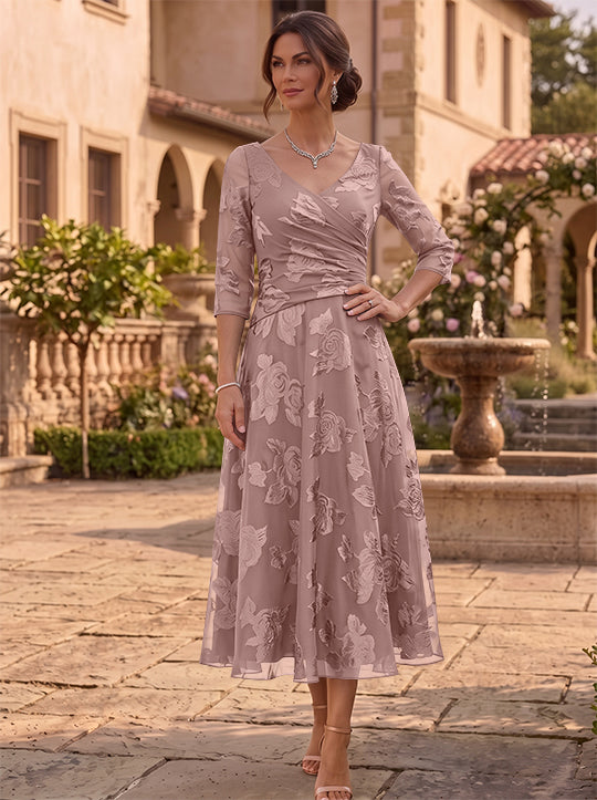 A-Line/Princess V-Neck Mother of the Bride Dresses Floral Burnout Tea-Length Ruched 3/4 Sleeves