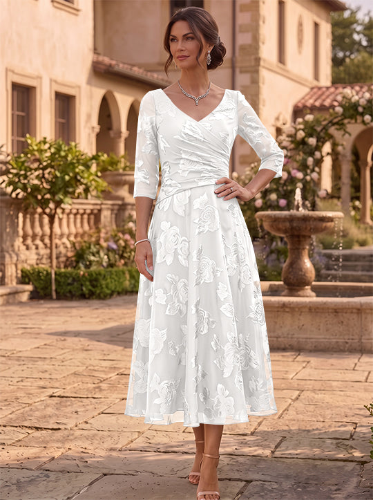 A-Line/Princess V-Neck Mother of the Bride Dresses Floral Burnout Tea-Length Ruched 3/4 Sleeves