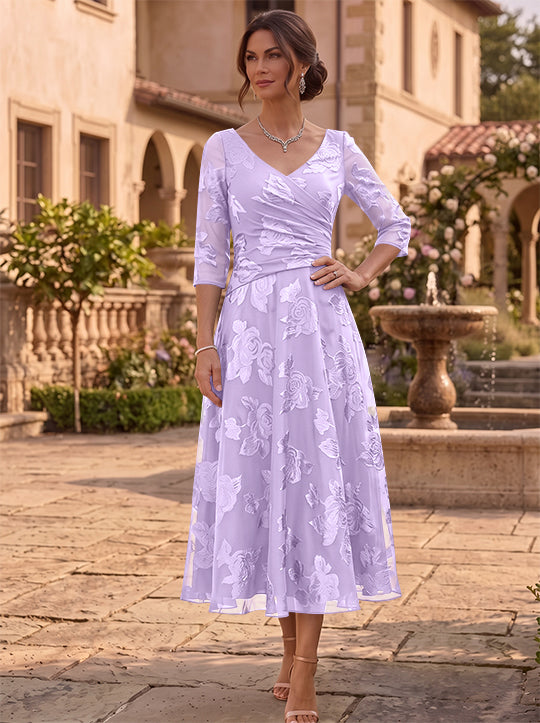 A-Line/Princess V-Neck Mother of the Bride Dresses Floral Burnout Tea-Length Ruched 3/4 Sleeves