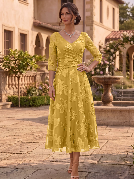 A-Line/Princess V-Neck Mother of the Bride Dresses Floral Burnout Tea-Length Ruched 3/4 Sleeves