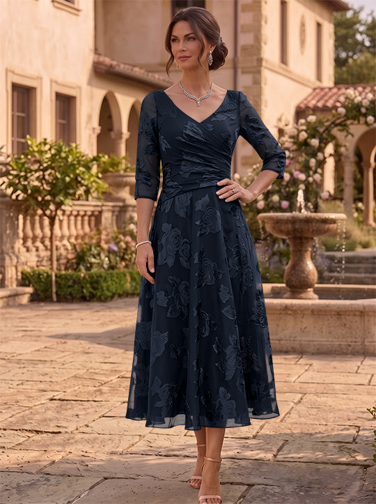 A-Line/Princess V-Neck Mother of the Bride Dresses Floral Burnout Tea-Length Ruched 3/4 Sleeves