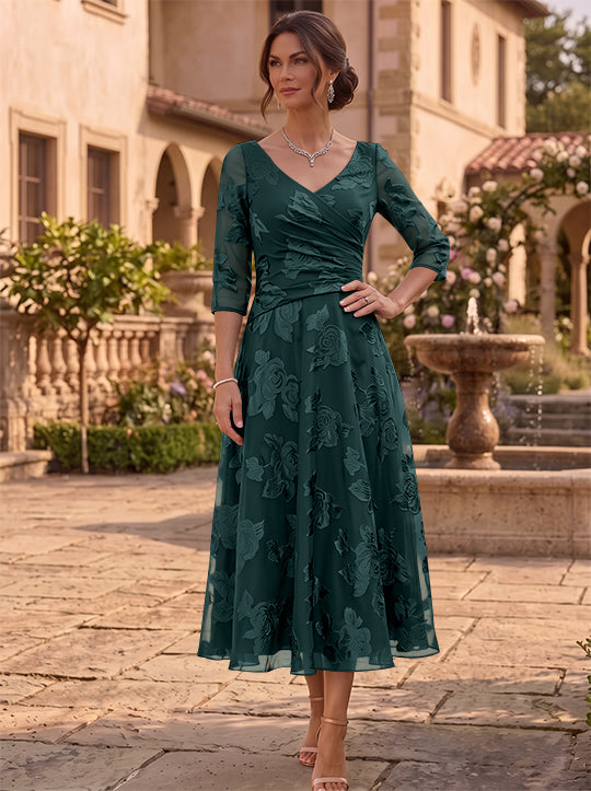 A-Line/Princess V-Neck Mother of the Bride Dresses Floral Burnout Tea-Length Ruched 3/4 Sleeves