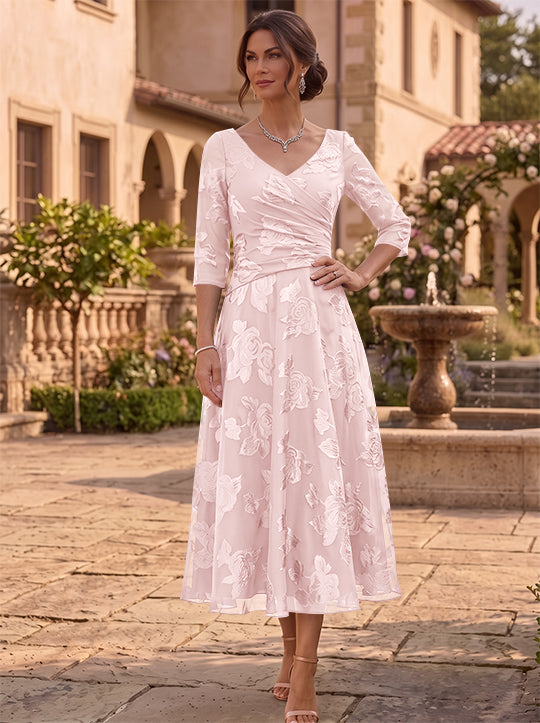 A-Line/Princess V-Neck Mother of the Bride Dresses Floral Burnout Tea-Length Ruched 3/4 Sleeves