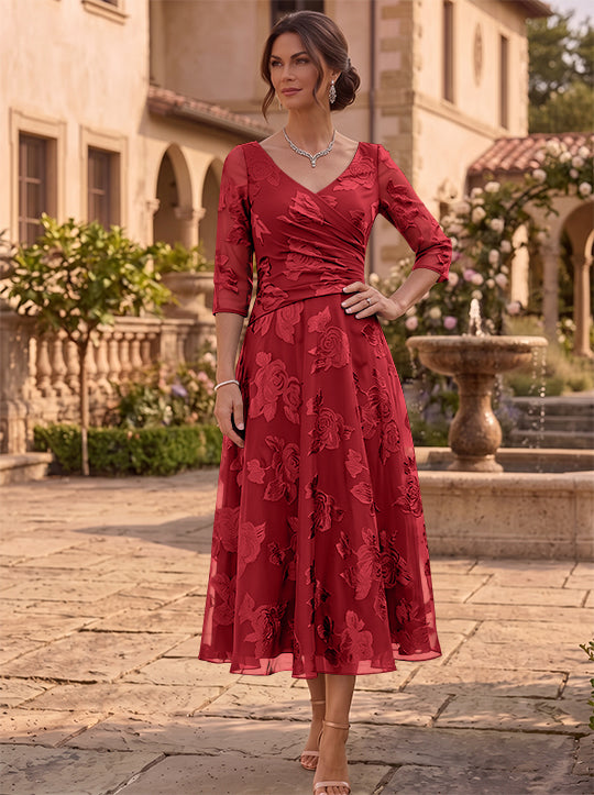 A-Line/Princess V-Neck Mother of the Bride Dresses Floral Burnout Tea-Length Ruched 3/4 Sleeves