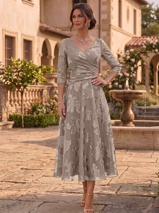 A-Line/Princess V-Neck Mother of the Bride Dresses Floral Burnout Tea-Length Ruched 3/4 Sleeves