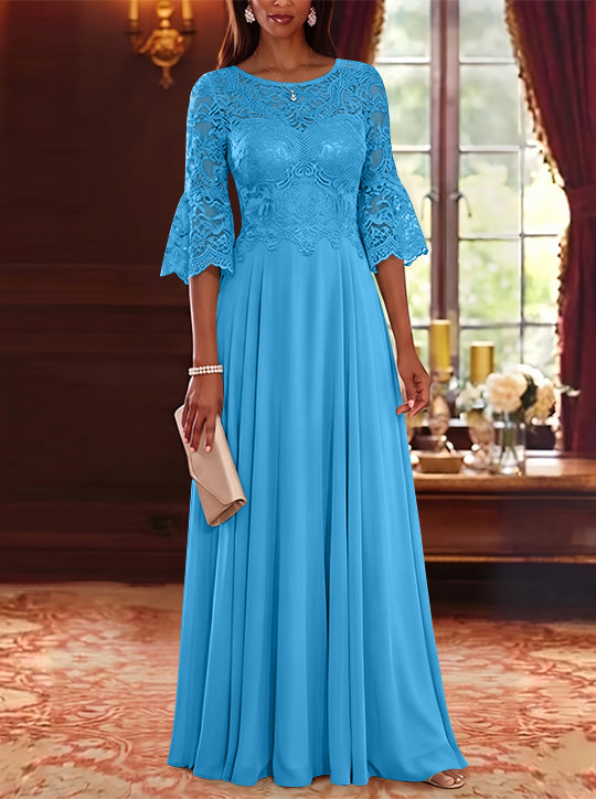 A-Line/Princess Scoop Chiffon Mother of the Bride Dresses Lace Floral Floor-Length 3/4 Sleeves
