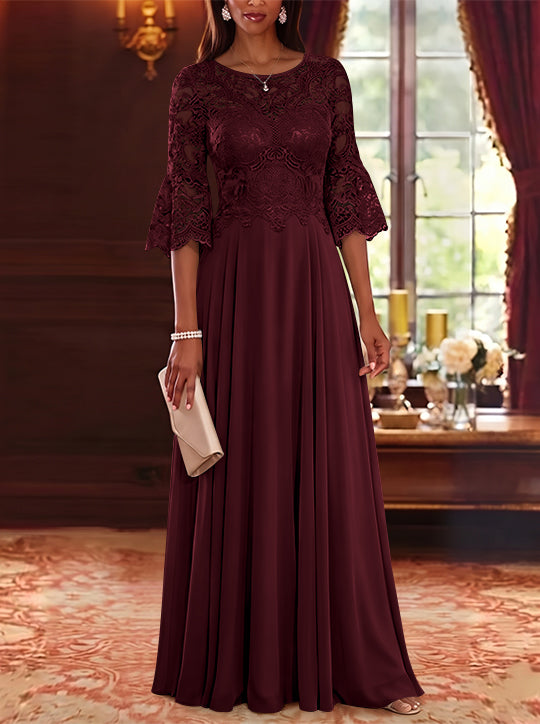 A-Line/Princess Scoop Chiffon Mother of the Bride Dresses Lace Floral Floor-Length 3/4 Sleeves