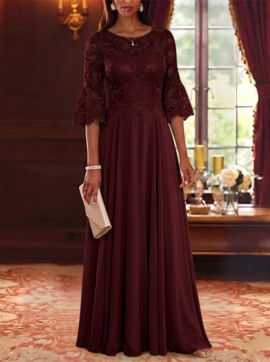 A-Line/Princess Scoop Chiffon Mother of the Bride Dresses Lace Floral Floor-Length 3/4 Sleeves
