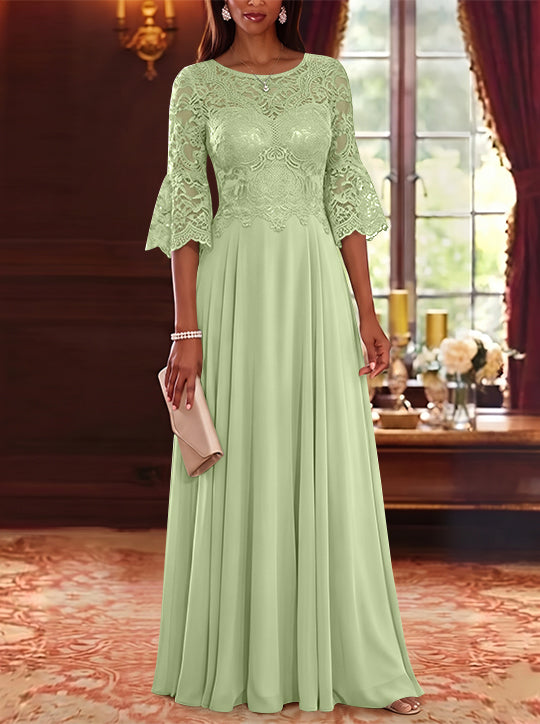 A-Line/Princess Scoop Chiffon Mother of the Bride Dresses Lace Floral Floor-Length 3/4 Sleeves