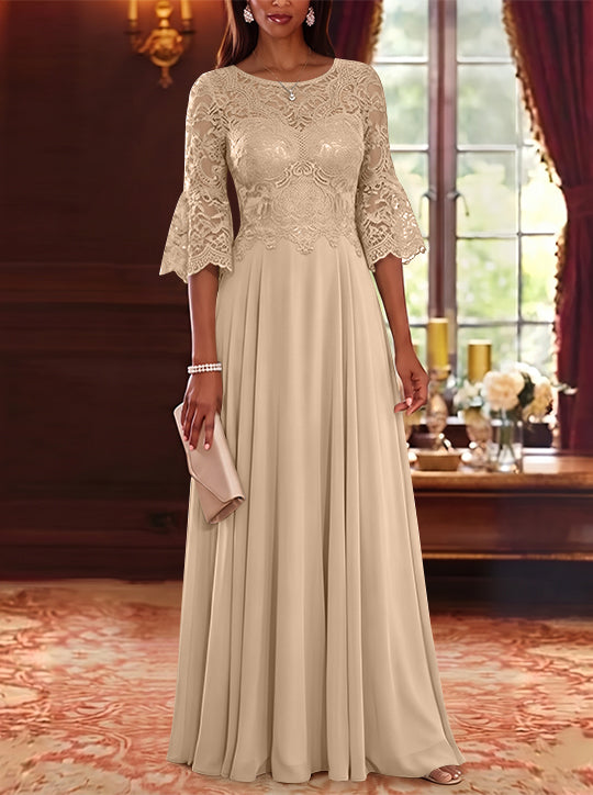 A-Line/Princess Scoop Chiffon Mother of the Bride Dresses Lace Floral Floor-Length 3/4 Sleeves
