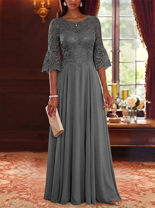 A-Line/Princess Scoop Chiffon Mother of the Bride Dresses Lace Floral Floor-Length 3/4 Sleeves