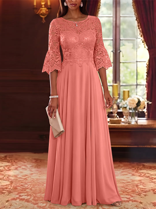 A-Line/Princess Scoop Chiffon Mother of the Bride Dresses Lace Floral Floor-Length 3/4 Sleeves
