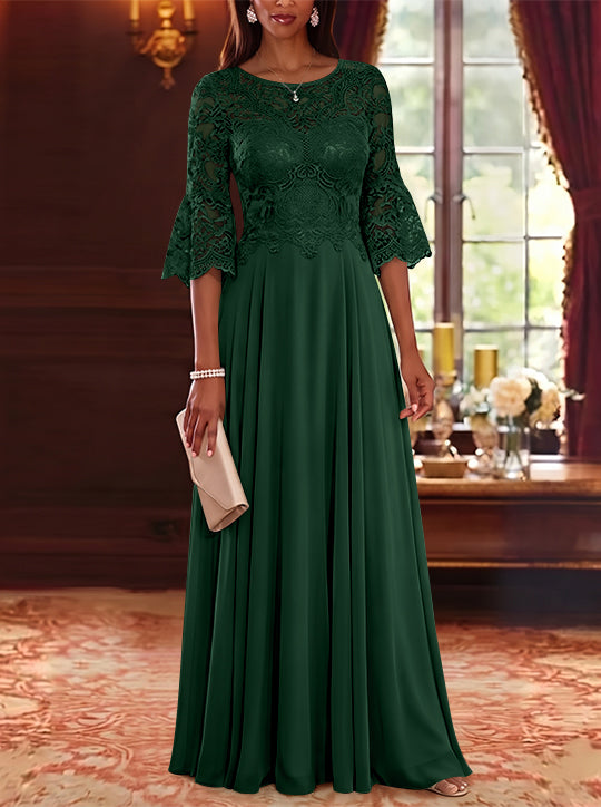 A-Line/Princess Scoop Chiffon Mother of the Bride Dresses Lace Floral Floor-Length 3/4 Sleeves