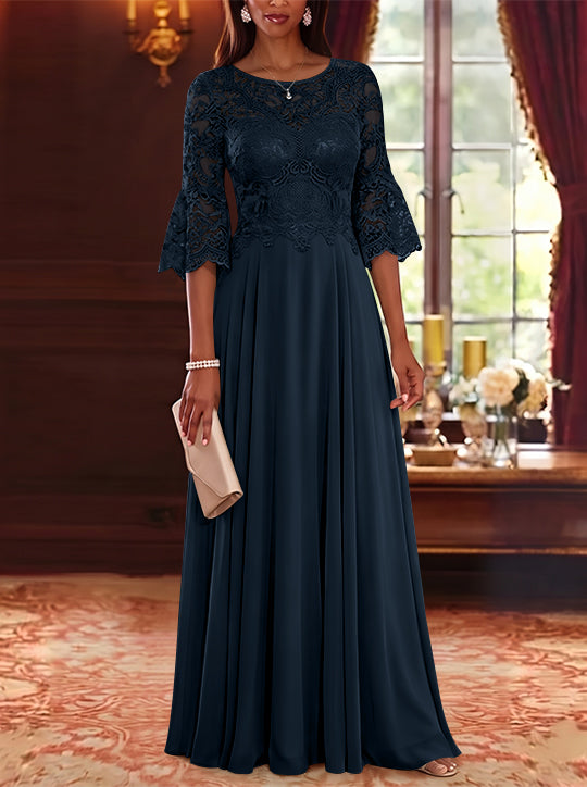 A-Line/Princess Scoop Chiffon Mother of the Bride Dresses Lace Floral Floor-Length 3/4 Sleeves