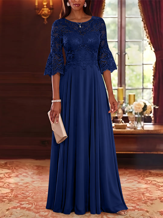 A-Line/Princess Scoop Chiffon Mother of the Bride Dresses Lace Floral Floor-Length 3/4 Sleeves