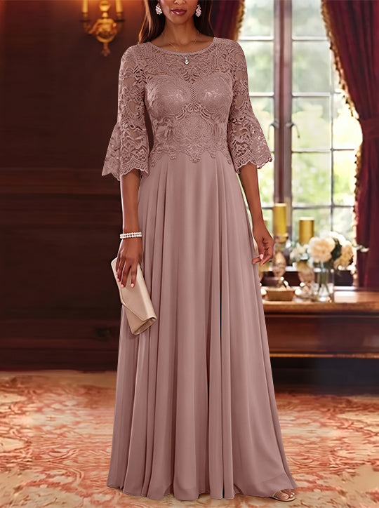A-Line/Princess Scoop Chiffon Mother of the Bride Dresses Lace Floral Floor-Length 3/4 Sleeves