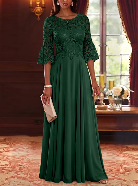A-Line/Princess Scoop Chiffon Mother of the Bride Dresses Lace Floral Floor-Length 3/4 Sleeves