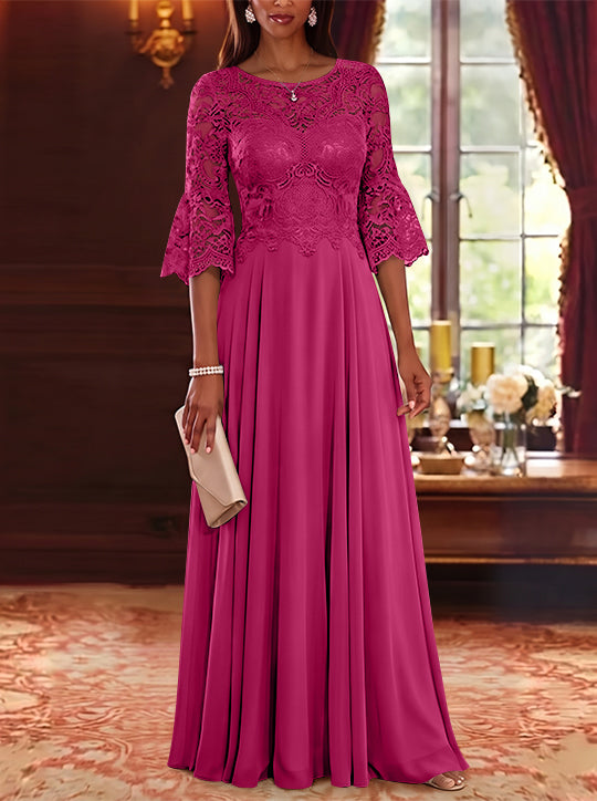 A-Line/Princess Scoop Chiffon Mother of the Bride Dresses Lace Floral Floor-Length 3/4 Sleeves
