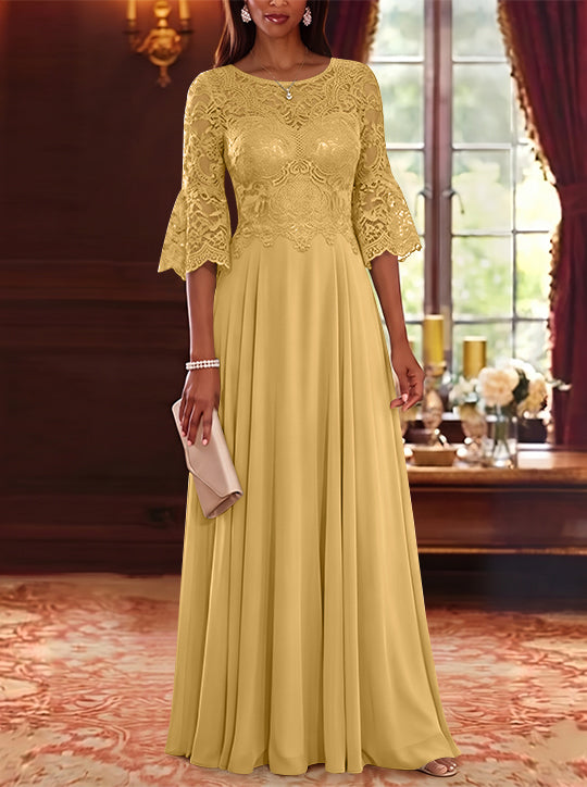 A-Line/Princess Scoop Chiffon Mother of the Bride Dresses Lace Floral Floor-Length 3/4 Sleeves