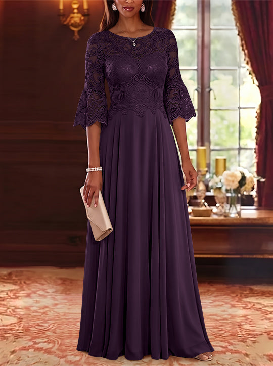 A-Line/Princess Scoop Chiffon Mother of the Bride Dresses Lace Floral Floor-Length 3/4 Sleeves