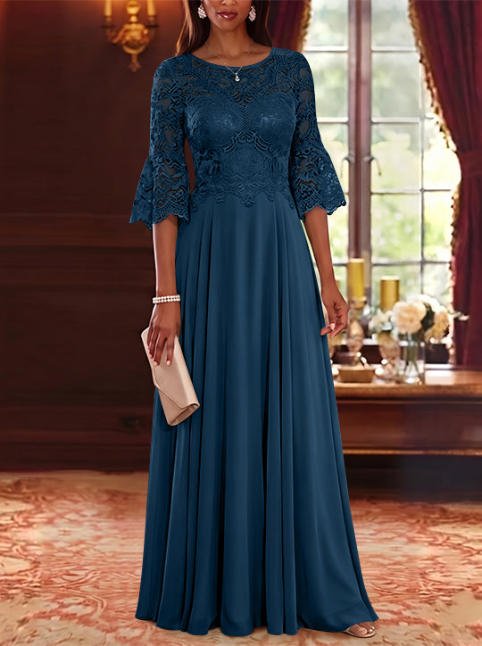 A-Line/Princess Scoop Chiffon Mother of the Bride Dresses Lace Floral Floor-Length 3/4 Sleeves