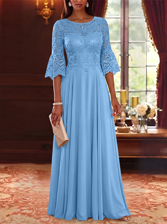 A-Line/Princess Scoop Chiffon Mother of the Bride Dresses Lace Floral Floor-Length 3/4 Sleeves