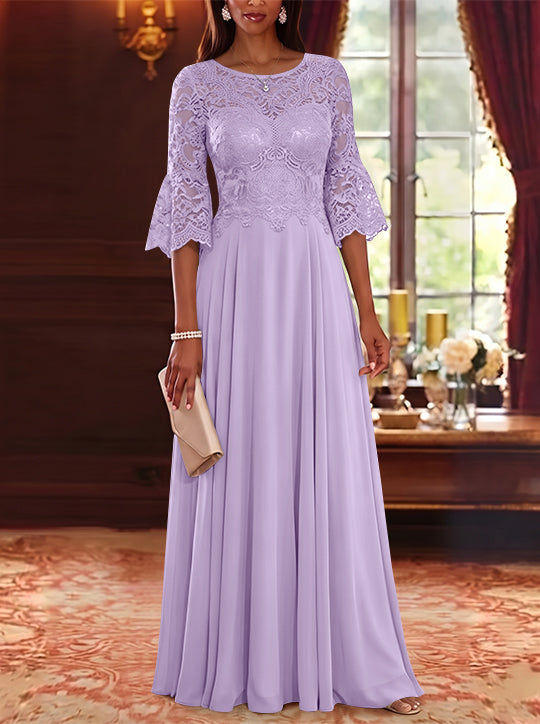 A-Line/Princess Scoop Chiffon Mother of the Bride Dresses Lace Floral Floor-Length 3/4 Sleeves