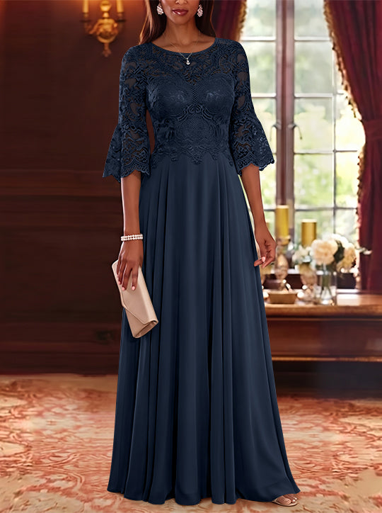 A-Line/Princess Scoop Chiffon Mother of the Bride Dresses Lace Floral Floor-Length 3/4 Sleeves