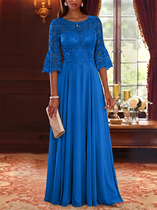 A-Line/Princess Scoop Chiffon Mother of the Bride Dresses Lace Floral Floor-Length 3/4 Sleeves